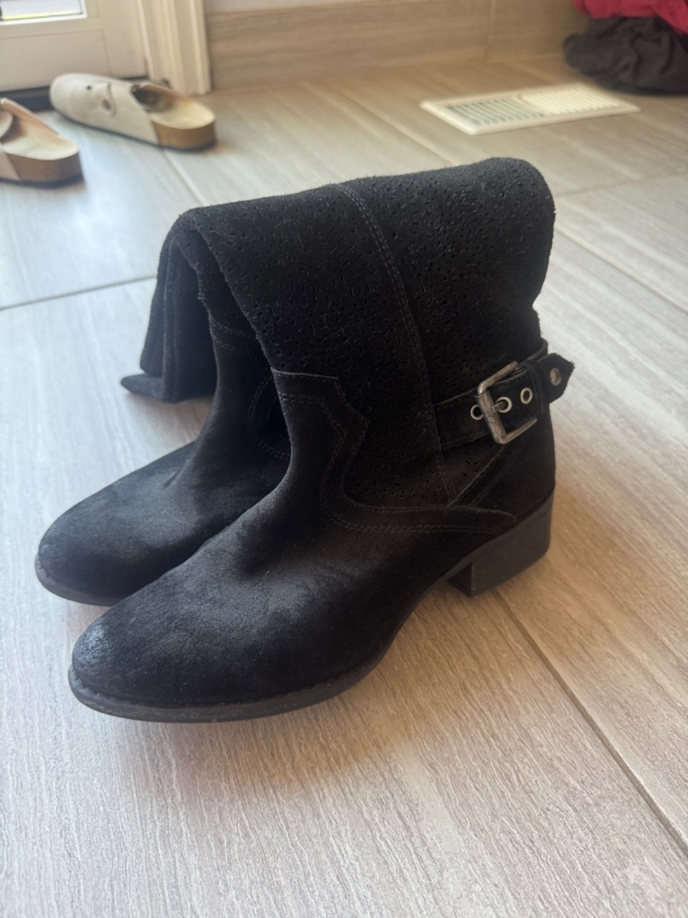 Black Suede Ankle Boots with Buckle Detail - Women